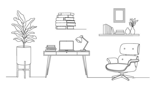 Minimalist line art of a home office setup with a desk laptop chair and plant creating a serene and productive workspace atmosphere vector
