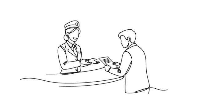 Smiling airline stewardess handing over documents to a passenger at the check-in counter in a minimalist line drawing conveying efficiency and service vector