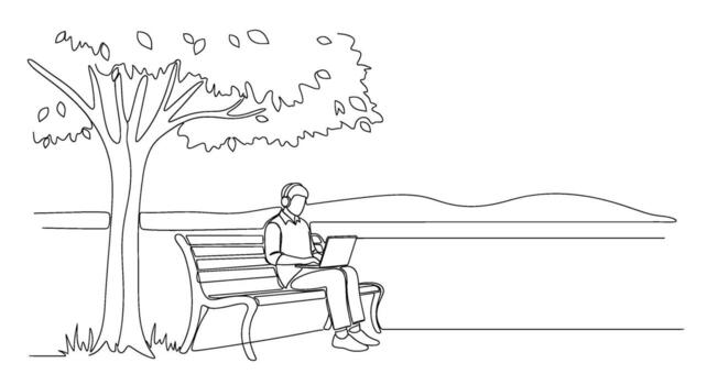 línea Arte de un hombre trabajando en un ordenador portátil mientras sentado en un parque banco debajo un árbol disfrutando el pacífico y sereno atmósfera de naturaleza vector