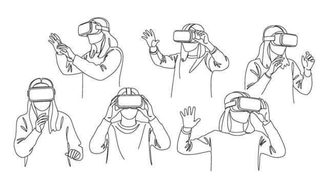 continuo línea dibujo de personas utilizando vr auriculares interactuando con un virtual ambiente transporte innovación tecnología y inmersivo experiencias vector