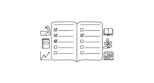 abierto cuaderno mostrando un Lista de Verificación con terminado Tareas junto a íconos representando crecimiento fuerza y planificación transporte un sentido de logros vector