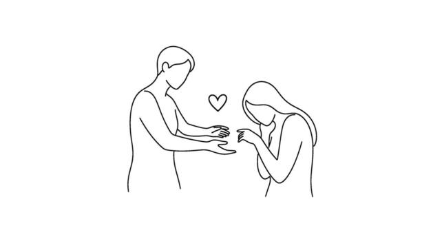 Minimalist line art of a man proposing to a woman with a heart floating between them set against a clean white conveying love and commitment vector