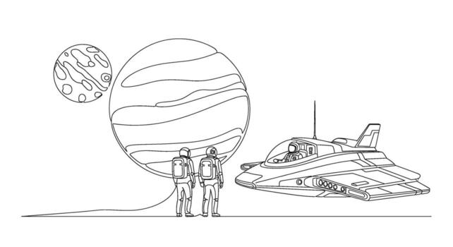 Two astronauts standing on a planet surface observing a spaceship and planets in the evoking a sense of exploration and wonder vector