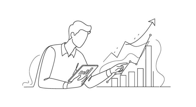 Focused professional analyzing financial data on a tablet pointing at a rising bar graph conveying growth and success in a minimalist workspace settin vector