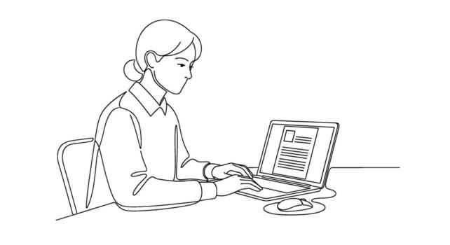 Focused woman typing on a laptop at her desk creating content with a minimalist design conveying productivity and modern work in a clean simple style vector