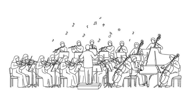 Symphony orchestra performing with conductor in concert hall creating a harmonious and elegant atmosphere with classical music and artistic expression vector