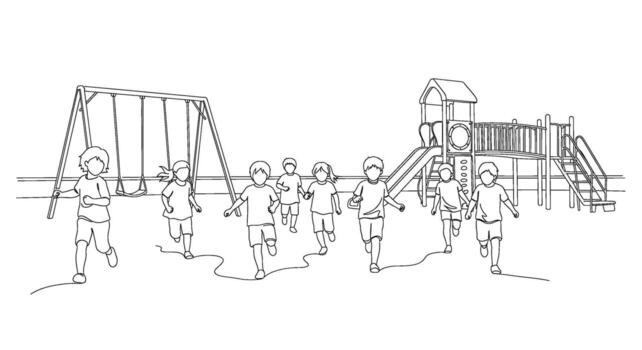 Energetic children joyfully running towards the viewer on a playground with swings and slides conveying a sense of carefree fun and childhood adventur vector
