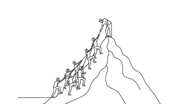 Team of climbers assisting each other on a steep mountain symbolizing teamwork leadership and achieving common goals through collaboration and support vector