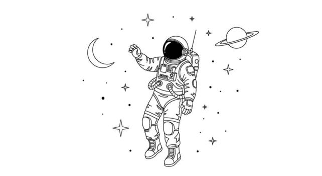 Astronaut reaching out in space surrounded by stars planets and a moon creating a sense of wonder and exploration in a minimalist line art style vector