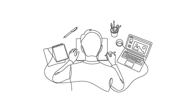 creativo diseñador trabajando en un digital tableta a su escritorio con un ordenador portátil y café soltero línea Arte mínimo diseño enfocado y productivo atmósfera vector