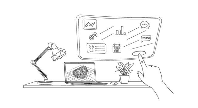 Hand interacting with futuristic interface on desk with laptop lamp and plant showcasing innovation technology and a modern minimalist workspace vector