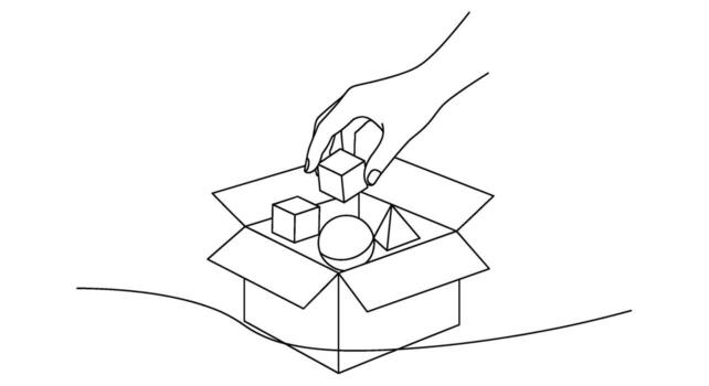 Hand placing geometric shapes into a cardboard box minimalist line art on a white conveying simplicity and organization with clean design vector