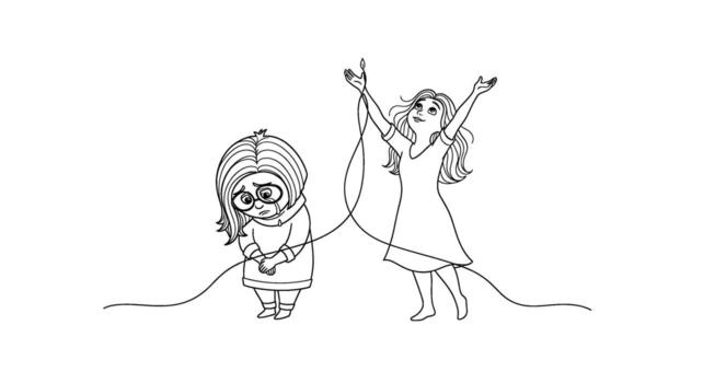 Sad girl tied with string to a joyful girl in a white depicting the complex relationship between sadness and joy highlighting emotional balance vector