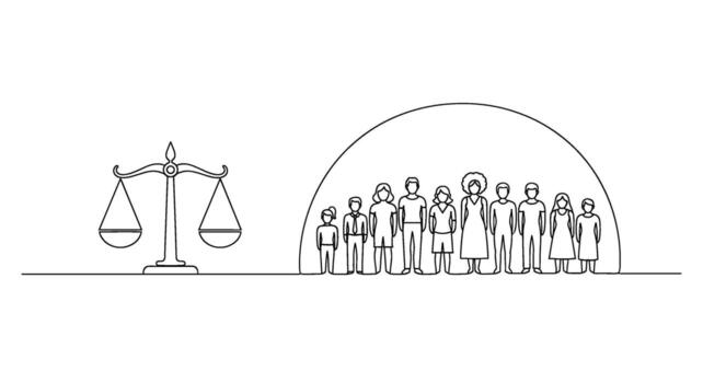 Diverse group of people standing under protection representing justice and equality in a minimalist line art style conveying fairness and inclusivity vector