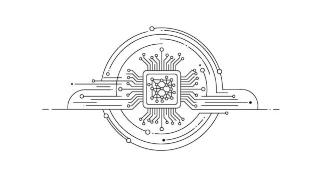 Minimalist microchip circuit design in a circular frame showcasing technological advancement and innovation in a clean modern setting conveying precis vector
