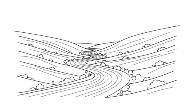 Winding river flows through a serene valley landscape creating a peaceful and scenic view with rolling hills and scattered bushes in a minimalist styl vector