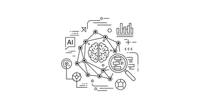 Abstract AI brain network analyzing data with a magnifying glass in a modern minimalist design conveying intelligence and technological advancement vector