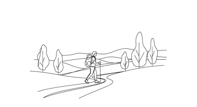 línea Arte ilustración de un caminante con un mochila caminando en un camino mediante un escénico paisaje con arboles y colinas transporte un sentido de aventuras y vector
