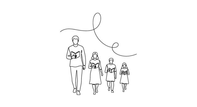 Minimalist line art of a family walking together and reading books in a bright clean environment conveying a sense of togetherness and love for learni vector