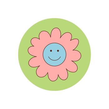 maravilloso retro flor con contento sonrisa y redondo vistoso forma pegatina. linda y2k pegatina como un paquete sello o tapa, con circulo estilo para juguetón y positivo embalaje. vector