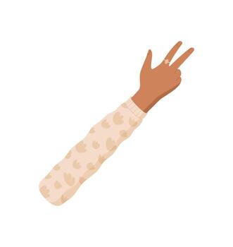 Flat style hand gesture with three fingers visible, brown skin tone with a clothed sleeve. Depicts a number gesture for counting or math. Clear and isolated design focused on numbers and counting vector
