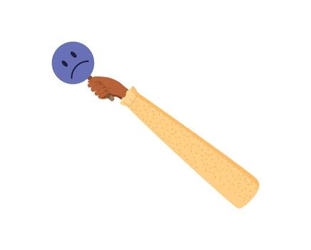 Flat hand hold circle with bad feedback symbol. Animated arm display customer opinion and client satisfaction. Isolated element for review, survey, or business rating. vector