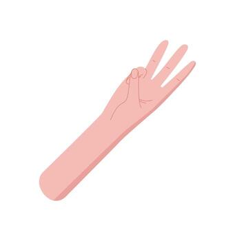 Flat style human hand gesture. Fingers form the number three as a simple counting sign. Bare palm with extended arm in isolated graphic format, educational concept, minimal counting design. vector