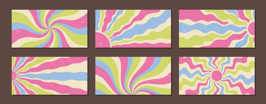 Groovy psychedelic retro sun burst pattern set with wavy swirl backgrounds and grunge effect. Horizontal sunshine and wave, y2k style in grungy shapes, create playful sun an abstract retro set. vector