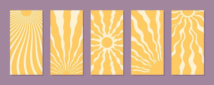 Vertical groovy sun burst with wavy ray shapes and yellow color set. Retro sunshine set in y2k style. Abstract sun background graphic brings vibrant summer mood to any creative space. vector