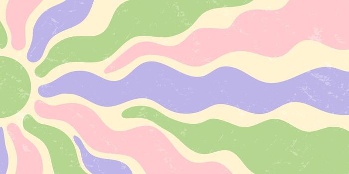 Groovy retro pastel sun burst background in wavy abstract style with textured burst and sunshine effect. sun shapes and grungy texture add a unique y2k look, with a horizontal format for modern vector