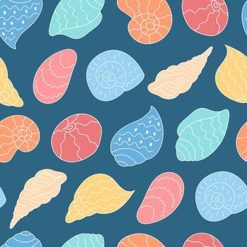 Seamless underwater pattern featuring colorful seashells in a vibrant marine theme. Cartoon mollusk shells create an aquatic background. Ideal for ocean designs with a playful doodle style, perfect vector