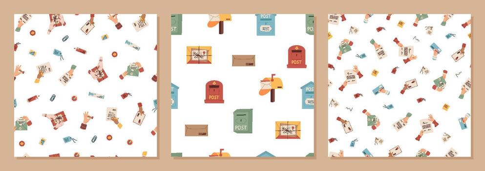 Flat seamless pattern with mail, letter, box, envelope, message and note set. Post, postbox and box mix in handwritten correspondence concept. Pattern template for trendy stationery, gift wrap, vector
