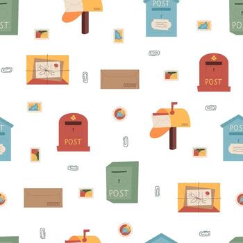 Mail seamless pattern in flat style. Envelope, letter, stamp, postbox, mailbox, postcard, icon background. Post and mail elements seamless, creative context, stationary template for correspondence or vector
