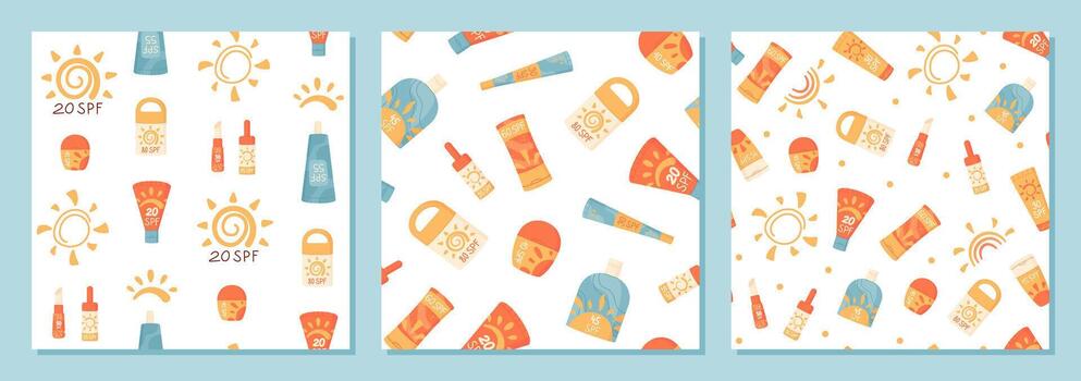Flat seamless pattern with sunscreen bottle and spf cream tube shapes in a set. Sun lotion container and cream bottle collection create a cosmetic summer background, ideal for packaging or fabric. vector