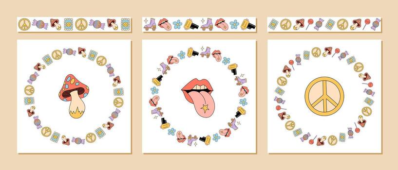 Groovy seamless border sticker set in retro cartoon graphic style. Funky frame pattern includes magic mushroom and peace symbol with playful pink and yellow, ideal for y2k fun creative collection vector