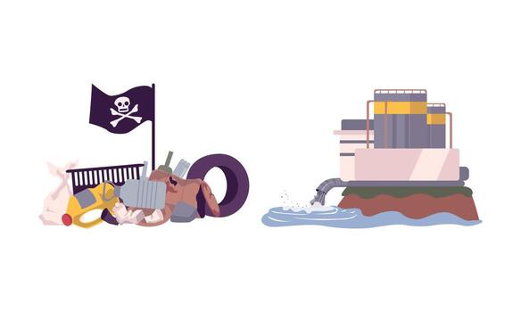 Environmental Pollution and Global Warming Cause with Garbage Dump and Water Contamination Set vector