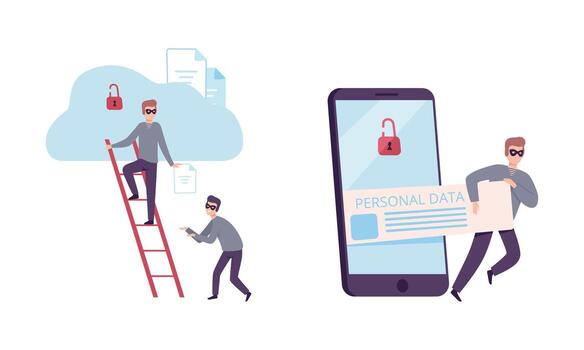 Hacker in Black Mask Stealing Personal Data with Phishing Site Set vector