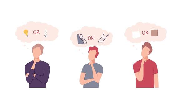 Confused Pensive Man Character Choosing Between Two Alternative Set vector