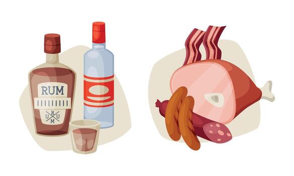 Alcohol with Rum in Glass Bottle and Meat with Wurst and Ham Set vector