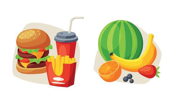 Fruits with Watermelon and Banana and Fast Food with Hamburger and Soda Set vector