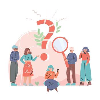 Puzzled People Character Asking Question and Searching for Answer Around Interrogation Mark Illustration vector