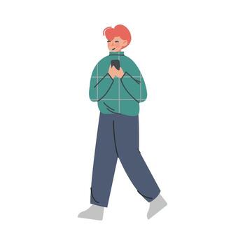 perplejo hombre personaje con teléfono inteligente preguntando pregunta y buscando para responder ilustración vector