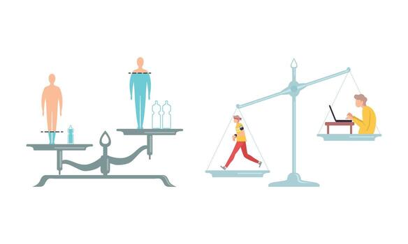 Outbalanced Scales with Different Things of Value Comparison with Water Consumption and Active Lifestyle Set vector