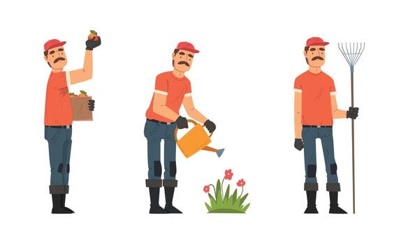 Mustached Man Gardener in Cap and Gloves with Watering Can and Rake Working in the Yard Set vector