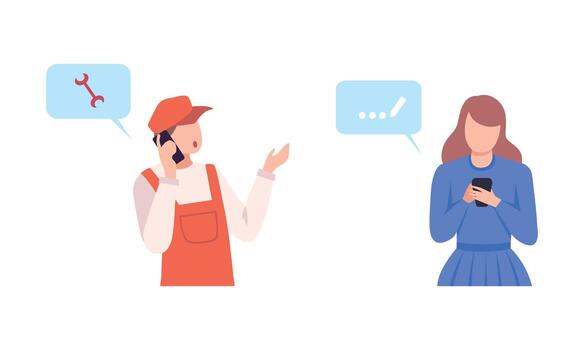 Man and Woman with Smartphone Calling and Typing Message Set vector