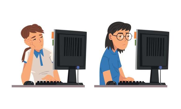 Tired Woman in Front of Computer Screen Doing Work Routine in the Office Set vector