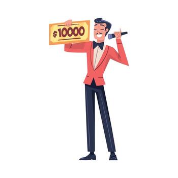 Lottery with Smiling Man Presenter with Microphone and Cheque with Lump Sum Announcing Winner Illustration vector