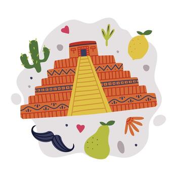 Bright Mexico Object with Pyramid and Cactus Element Composition vector