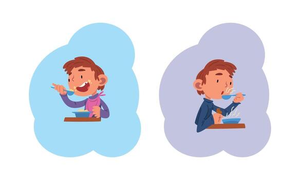 Schoolchild Daily Routine with Boy Having Breakfast Set vector