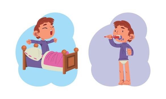 Schoolchild Daily Routine with Boy Getting Up and Brushing His Teeth Set vector